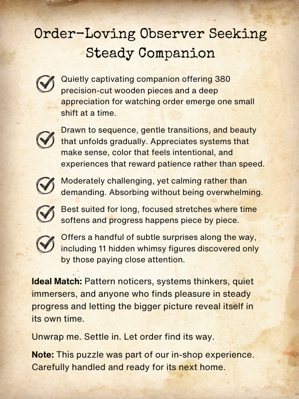 Blind Date Puzzle #29 Order-Loving Observer Seeking Steady Companion